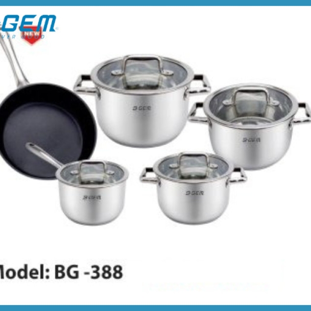 BỘ NỒI CHẢO NEW2024 9 MÓN INOX304 PHỦ SỨ CAO CẤP KIỂM ĐỊNH TUV B-GEM BG-388