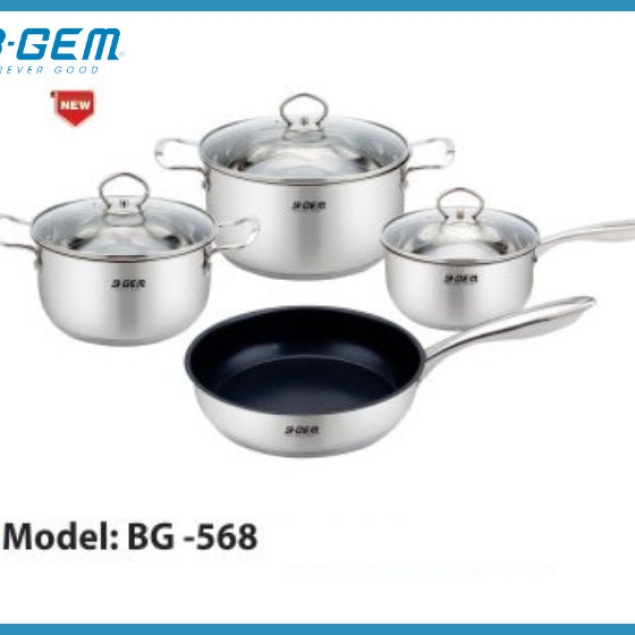 BỘ NỒI CHẢO SUS304 7 MÓN NEW2024 ĐÁY 5 LỚP CAO CẤP KIỂM ĐỊNH TUV B-GEM BG-568